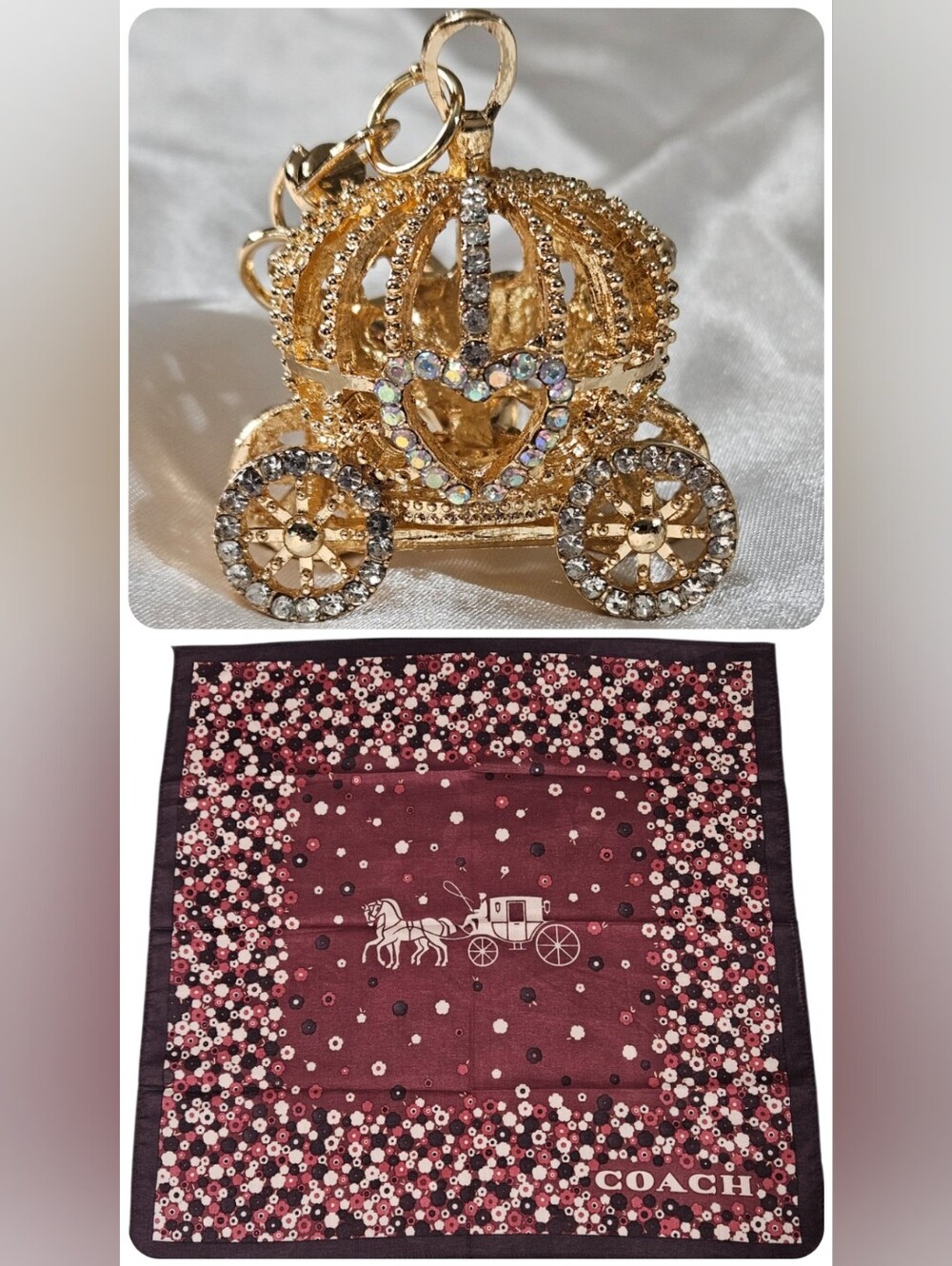 Coach Horse & Carriage/Tea Rose Cotton Linen Scarf W/ Carriage Purse Charm